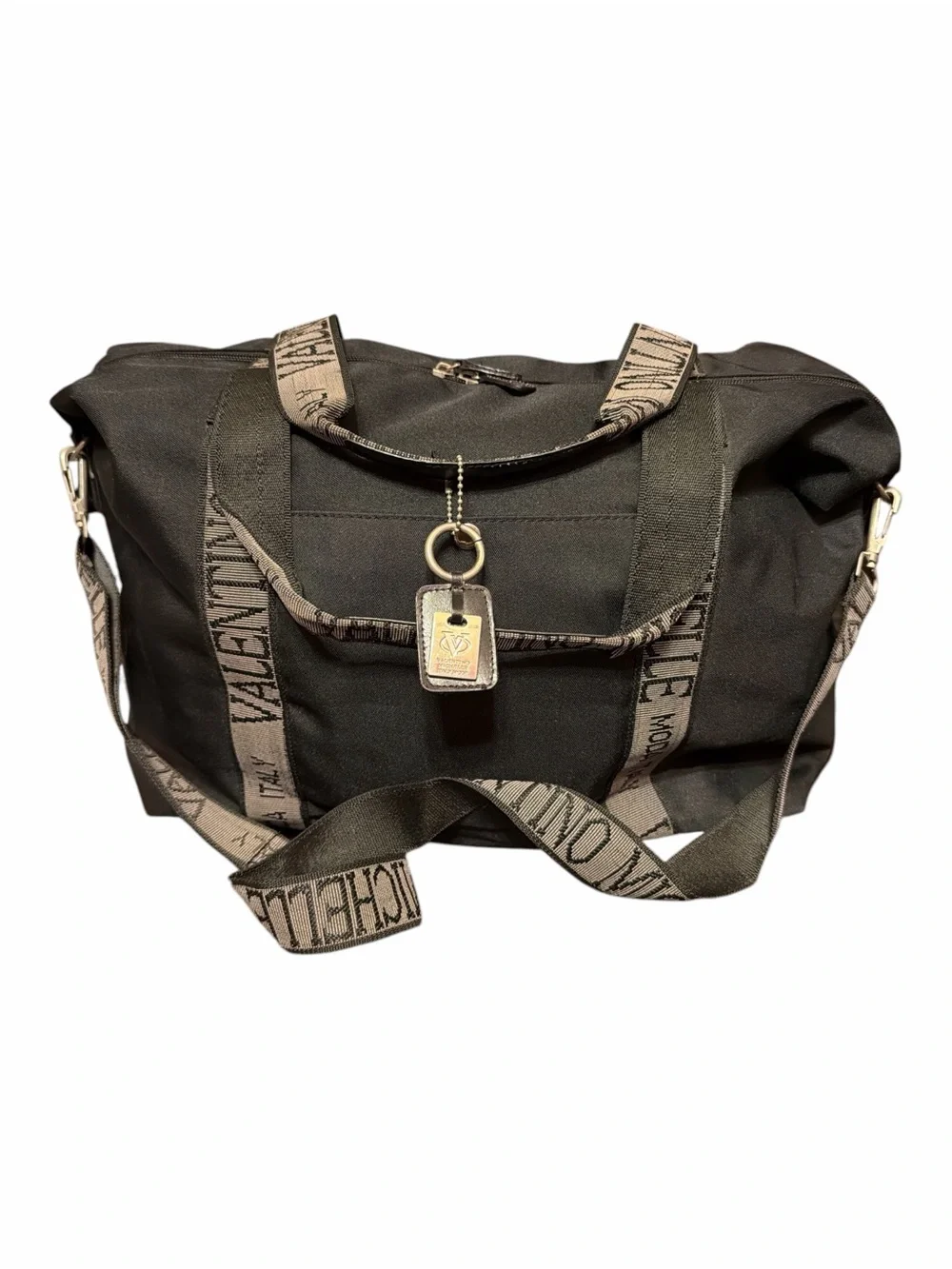 Valentino Michelle Italy Mode Black Nylon Weekender Duffel Bag Two-Way - Picture 3 of 7